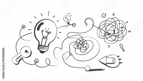 Hand-drawn illustration:  lightbulb idea, tangled lines, problem-solving concept, creative solution, brainstorming sketch, abstract design, black and white, vector graphic.