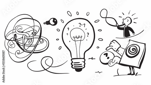 Hand-drawn illustration: Brainstorming ideas, creative problem-solving, quirky characters, lightbulb concept, question marks, black and white sketch style, playful mood.