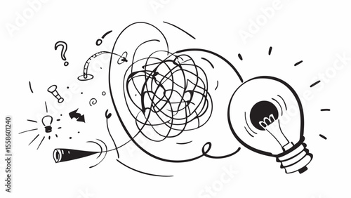 Hand-drawn illustration:  Idea generation, brainstorming chaos resolving into brilliant lightbulb solution.  Abstract sketch style.