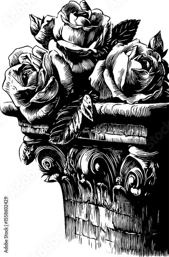 Engraved ancient stone cornice with blooming roses - vintage floral sketch for design