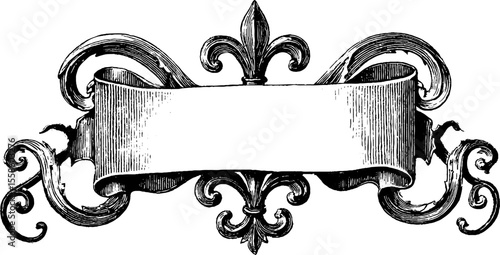 Vintage fleur-de-lis banner with ribbon and lance elements for retro design