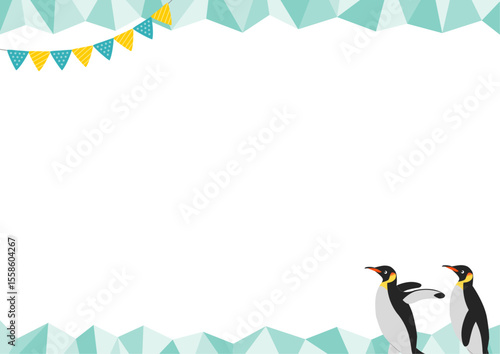 2匹のペンギンと氷の横型のフレームイラスト_緑
