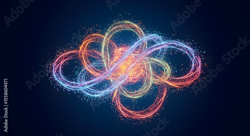 Stunning abstract luminous particle trails intertwining to form an intricate, vibrant knot, symbolizing complex energy flows and interconnectedness.