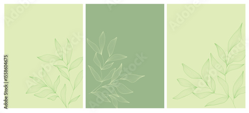 Set of abstract foliage poster vector. Leaves, organic shapes, earth tone colors, leaf branch. Illustration design for Eco packaging, interior, cover, wall art, market.