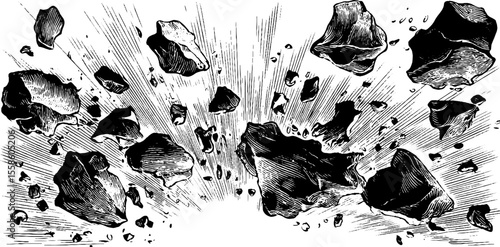 Dynamic explosion of ash particles and debris in a vintage hand drawn style