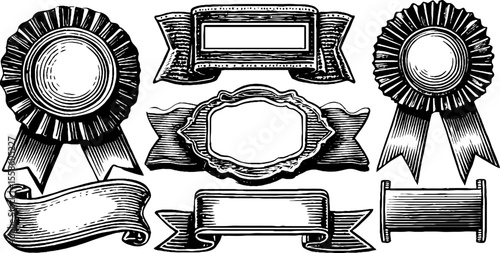Vintage hand drawn set of badges, seals, and ribbon text boxes for design and decoration