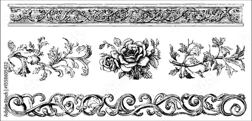 Vintage floral border strips and bands for decorative design in retro style