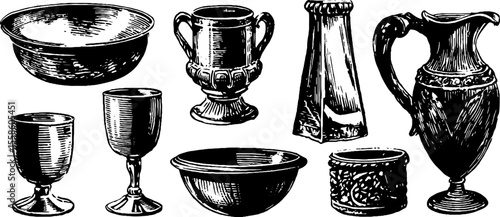 Vintage bronze cups goblets pitchers sketch for retro design and decoration