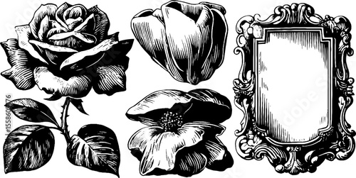 Vintage floral brooches and frames with inset stones design for craft and decoration