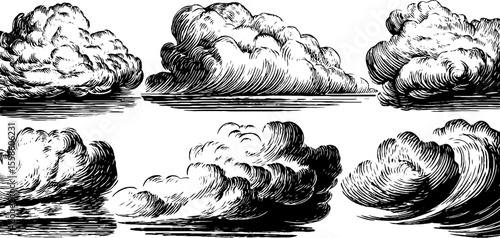Vintage hand drawn cloud forms with billowing edges for design and decoration