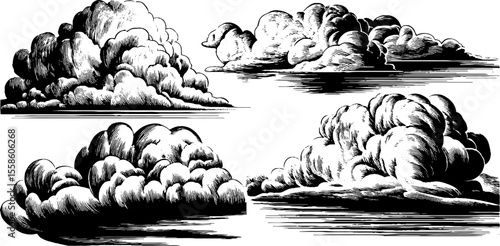Vintage cloud form illustrations with billowing edges for retro design and decoration