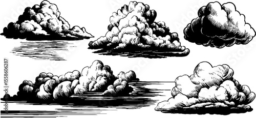 Vintage hand drawn cloud types: cumulus and stratus set for design and print