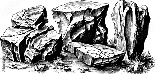 Cracked stone and fragmented rock set in vintage hand drawn style for design