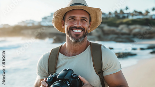 Smiling photographer on the beach holds camera during sunset while enjoying a coastal getaway in summer