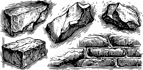 Vintage illustrations of cracked wall fragments and peeling frescoes with hand drawn engraving style