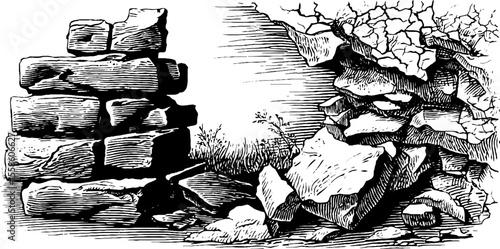 Vintage hand drawn illustration of cracked wall fragments and peeling frescoes for retro design