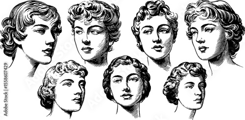 Vintage female portraits collection for retro design and decor