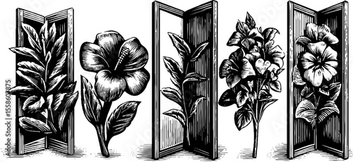 Vintage botanical folding screens with floral illustrations for interior decor