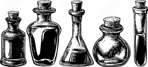 Vintage glass flasks and potion bottles set for apothecary or laboratory design