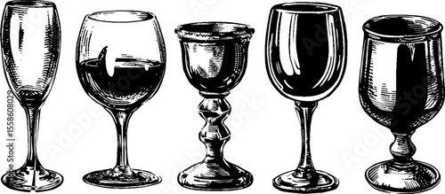 Vintage etched glass goblets and wine glasses illustration for retro decor