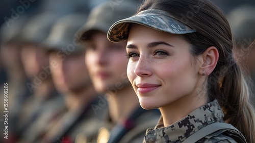 Realistic Portrait of a Smiling Woman Soldier in Camouflage Uniform
