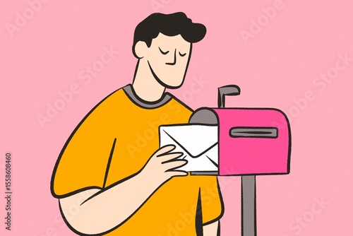 Man checking mail in pink mailbox illustration