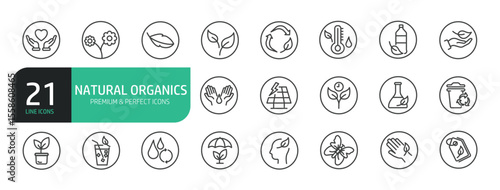 Set Of Natural Organics Line Icons. Contains such icons as Non Toxic, For All Skin Type, Alcohol Free, Natural Fragrance, Natural Ingredients, Paraben Free, Eco Friendly, No Mineral Oil, Non GMO, and 