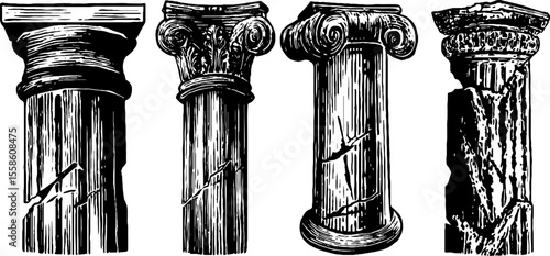 Vintage hand drawn set of interior architectural columns with base moldings for retro design