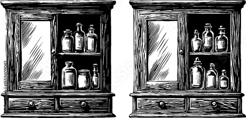 Vintage medicine cabinets with glass doors and drawers - retro hand drawn design for decor or labeling