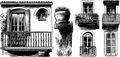 Vintage mediterranean balconies and arcades sketch for retro design projects