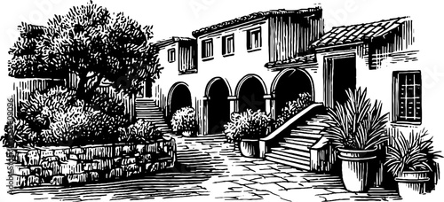 Rustic mediterranean balconies and arcades scene - vintage hand drawn illustration for design