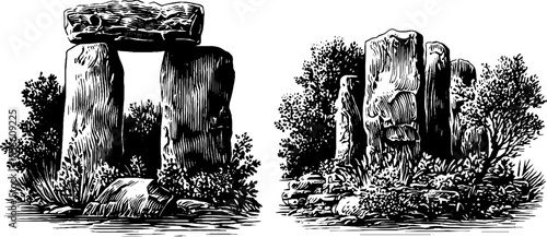 Ancient stone monuments with moss accents and historic texture for retro design