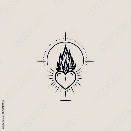 Simple sacred heart logo with flame and radiant lines in black minimal outline style on light beige background