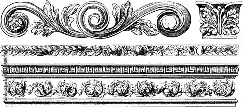 Neoclassical ornament set featuring volutes and decorative elements for design and craft