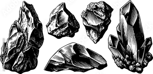 Detailed engravings of obsidian shards and glassy chips for design and decor