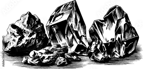 Vintage engraving of obsidian and volcanic glass edges for retro design projects