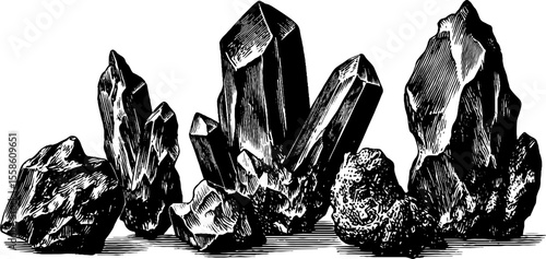 Vintage illustration of obsidian shards and glassy chips in hand drawn style