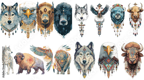 Watercolor animal portraits with tribal decorations, including wolves, eagles, bison, and bears, ideal for boho, ethnic, and nature-inspired designs.

