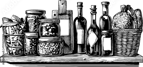 Vintage pantry shelf with jars of beans and grain hand drawn sketch for home decor