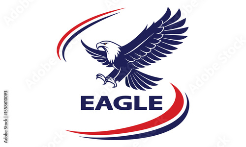 Majestic blue eagle with spread wings and sharp talons in flight framed by red and blue swooshes with the word eagle prominently displayed below