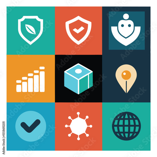 Colorful modern icon set displaying global communication protection and medical themes
