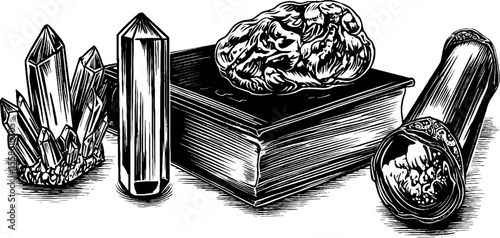 Alchemical symbols and philosopher’s stone: vintage hand drawn illustration for mystical design
