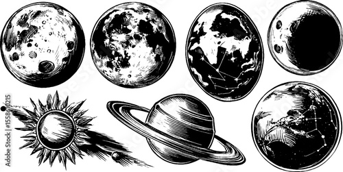 Vintage celestial phases: moon, sun, and planets hand-drawn engraving for retro designs