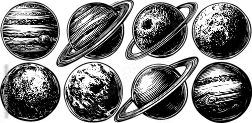 Vintage engraving of planet shapes and ringed spheres with craters for retro design