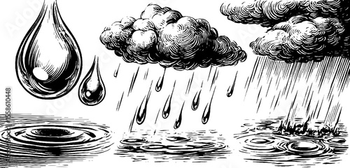 Vintage rainfall scene with droplets, drizzle, and puddles in engraving style