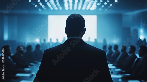 Atmospheric Back View of Speaker Addressing Business Meeting in Blue Tones