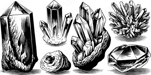 Vintage sketch of quartz crystal and faceted gemstone collection for retro design