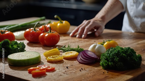 A chef preparing fresh vegetables on a wooden cutting board in a professional kitchen setting indoors