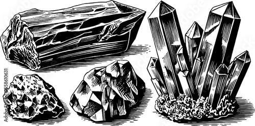 Collection of raw quartz and faceted gemstones in vintage hand drawn style illustration