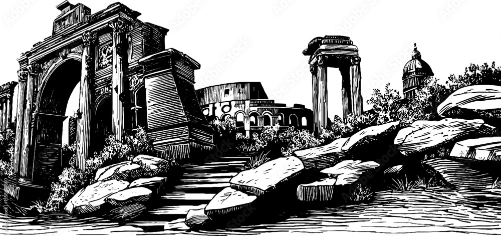 Fototapeta premium Ancient roman ruins with aqueduct fragments and amphitheater sketch for design